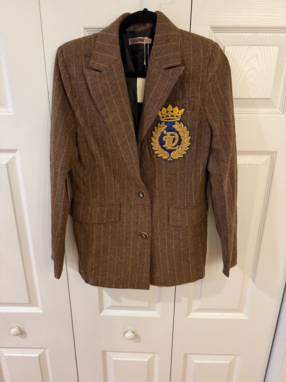 Brown Herringbone Crest Blazer with Embroidered Crest